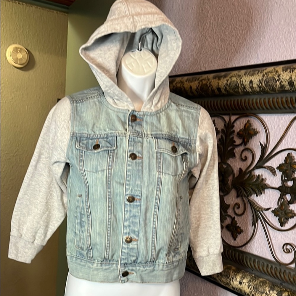 Ring of Fire Blue and Gray Jean Jacket with Sporty Knit Hood/ Sleeves boys S